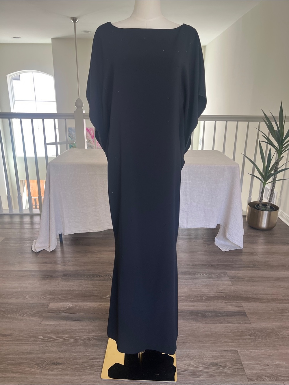 Rene Ruiz Black Maxi Dress with Draped Sleeves and Crystal Accents Sz 10